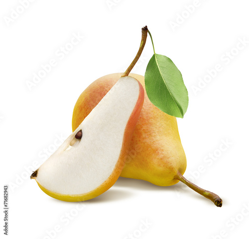 One fresh pear and quarter piece isolated on white background