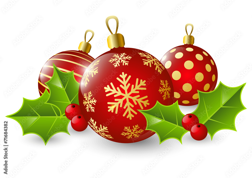 Christmas balls with holly leaves