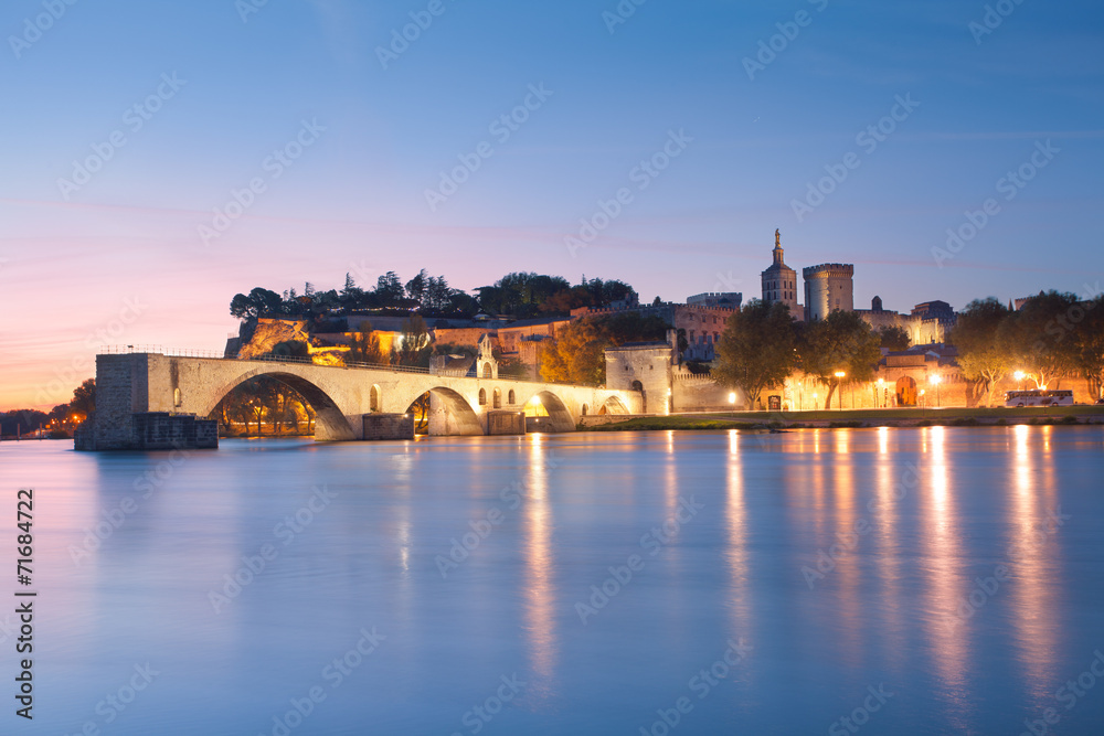 Avignon Bridge with Popes Palace and Rhone river at dawn, Pont S