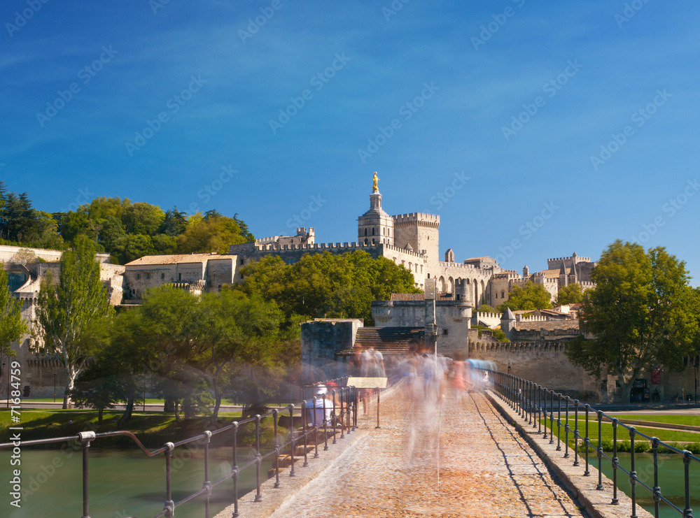 Avignon Bridge with Popes Palace and Rhone river at sunrise, Pon