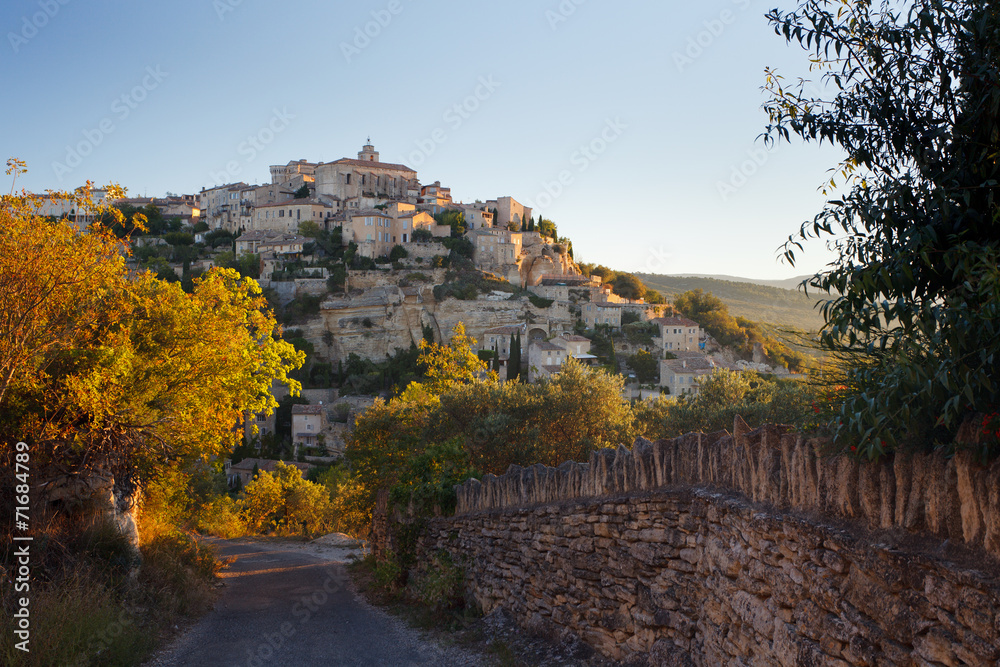 Panorama of famous Gordes medieval village sunrise view, France