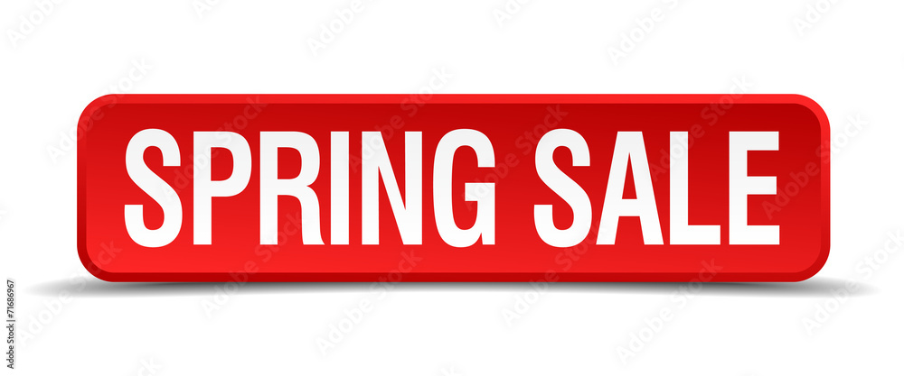 Spring sale red 3d square button isolated on white Spring sale red 3d square button isolated on white