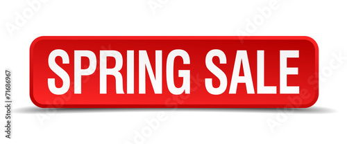 Spring sale red 3d square button isolated on white