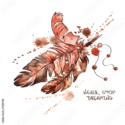 Watercolor illustration with bird feathers