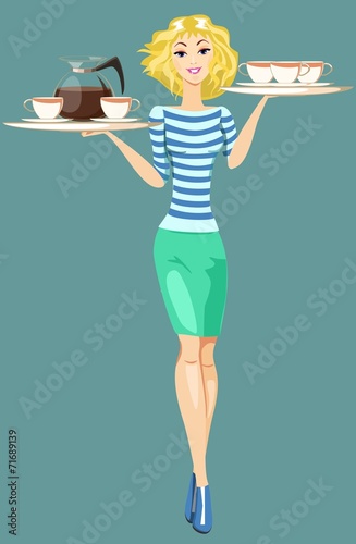 Girl Waitress Carrying a Tray With Cups Of Coffee And Tea,