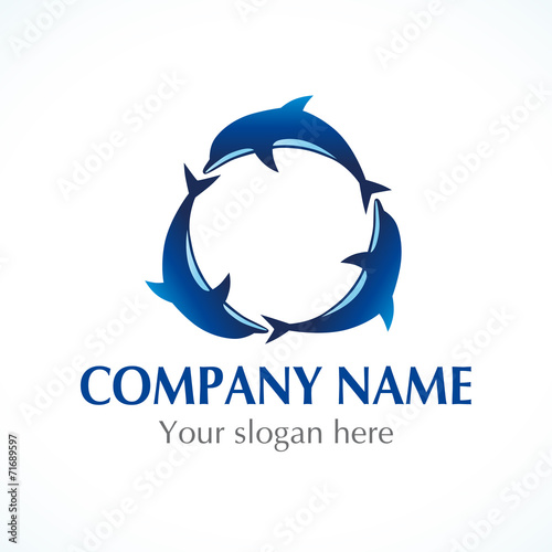 Three dolphins jumping around circle logo. Sea, travel vector logo. Branding of hotels, tourist business, spa, beach service, healthcare, resort or hotel by the ocean. Summer holidays symbol.
