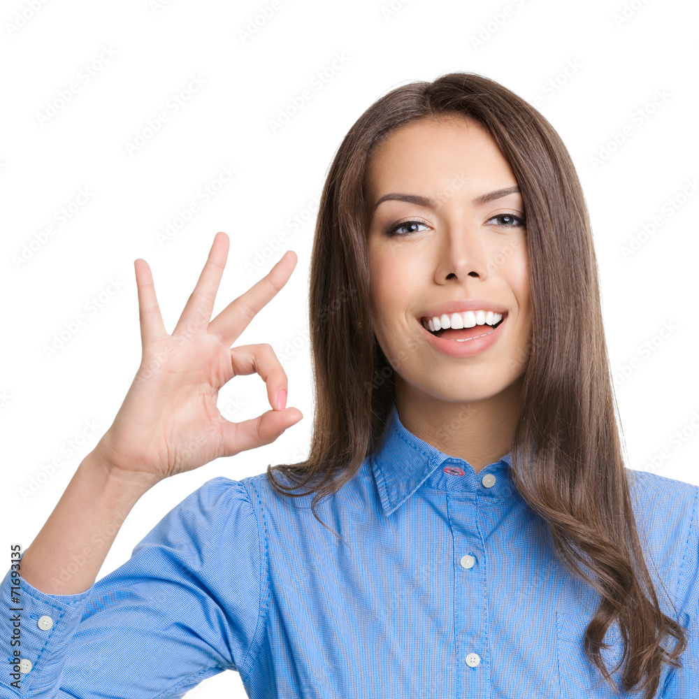Businesswoman with okay gesture, on white Businesswoman with okay gesture, on white