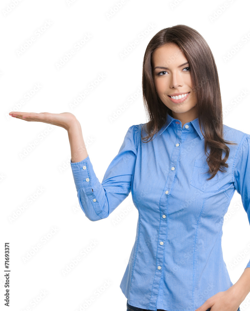 Businesswoman showing something or holding, on white Businesswoman showing something or holding, on white