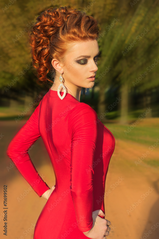 beautiful elegant girl with makeup in a red evening dress beautiful elegant girl with makeup in a red evening dress