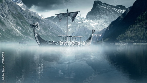 Viking Ships on nordic sea, Epic FullHD VisualFX shot photo