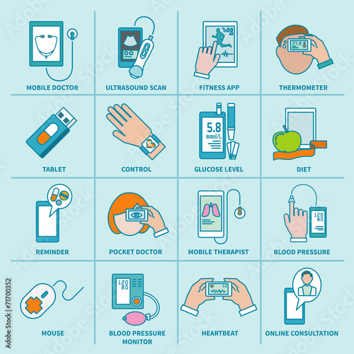 Digital health icons set flat line