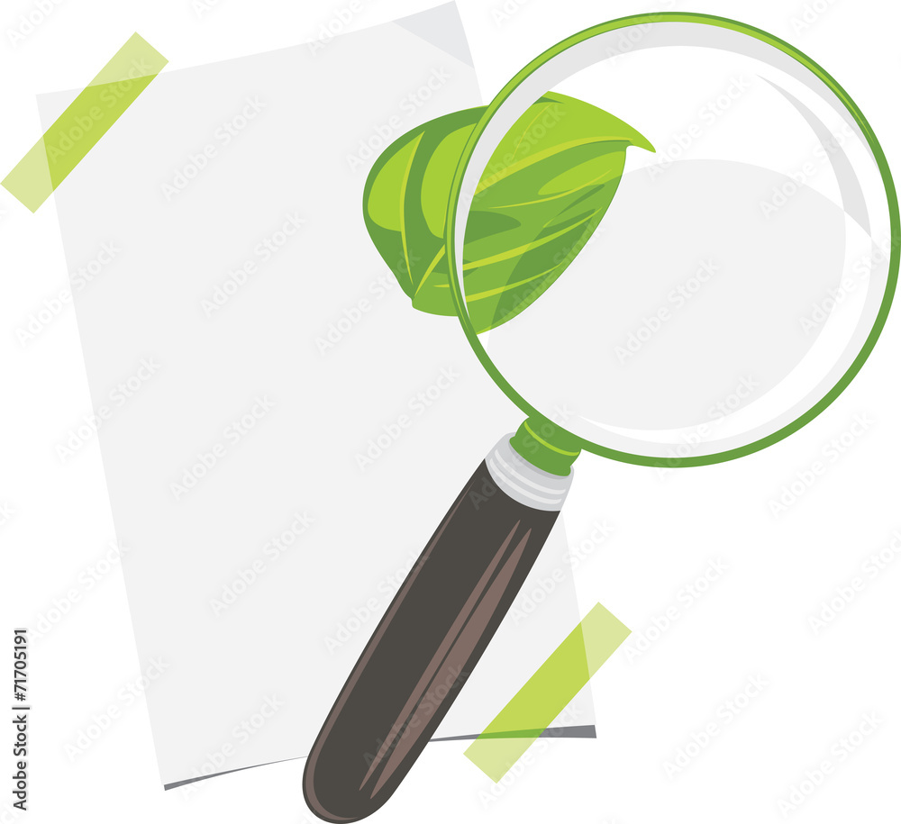Magnifying glass, paper sheet and leaf isolated on the white Magnifying glass, paper sheet and leaf isolated on the white