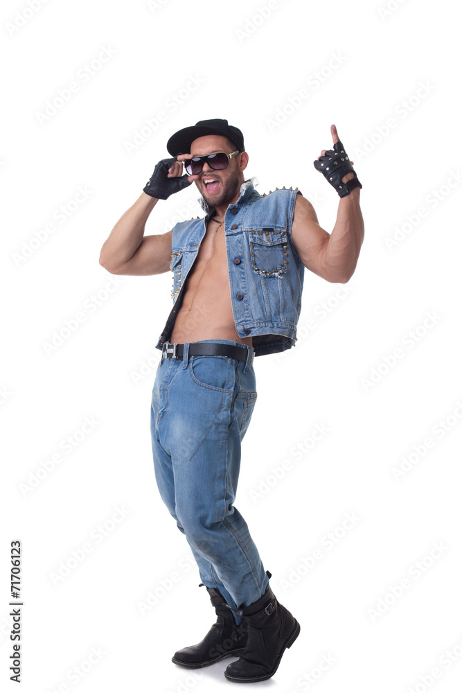 Hilarious bearded man posing in denim costume Hilarious bearded man posing in denim costume
