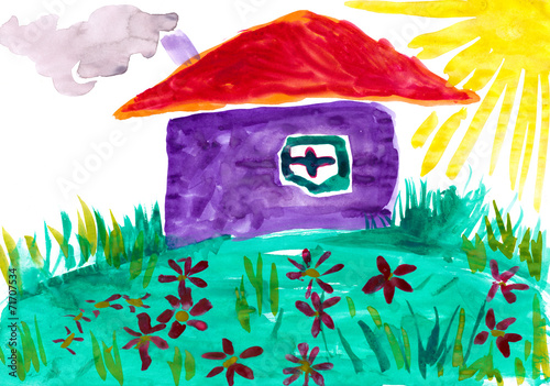 Принти на полотні Home on meadow with flowers. Childlike drawing.