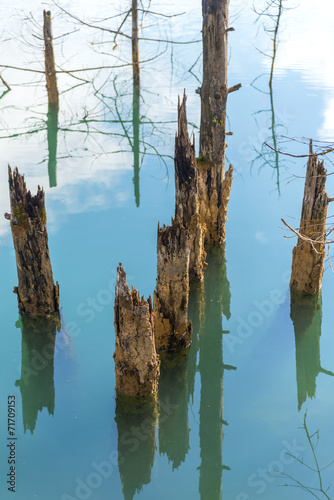 Greece Doksa lake among mountains and trees by winter photo