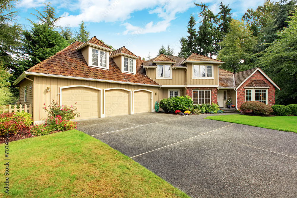 American real estate. Luxury house exterior with brick trim