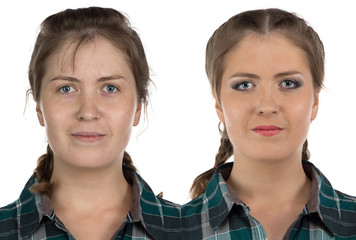 Photo of young woman before-after make up