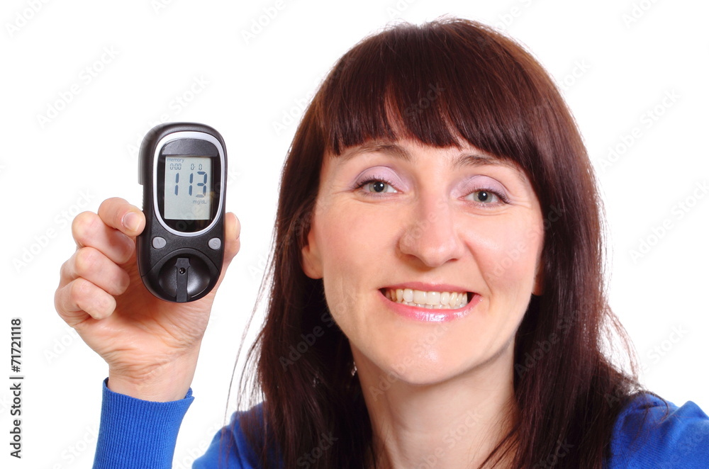 Smiling woman with glucose meter on white background Smiling woman with glucose meter on white background