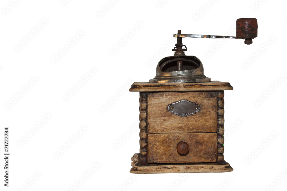 Old wooden coffee grinder isolated on white background Old wooden coffee grinder isolated on white background