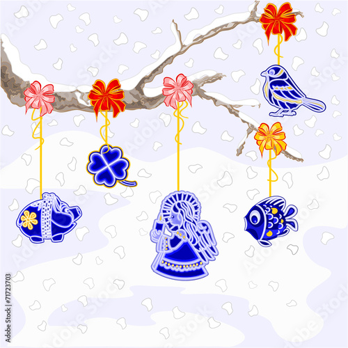 Winter branch with Christmas trimmings faience vector