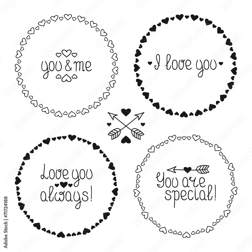 Hand drawn frame of romantic pattern with hearts. Vector set of Hand drawn frame of romantic pattern with hearts. Vector set of