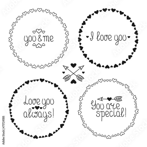 Hand drawn frame of romantic pattern with hearts. Vector set of