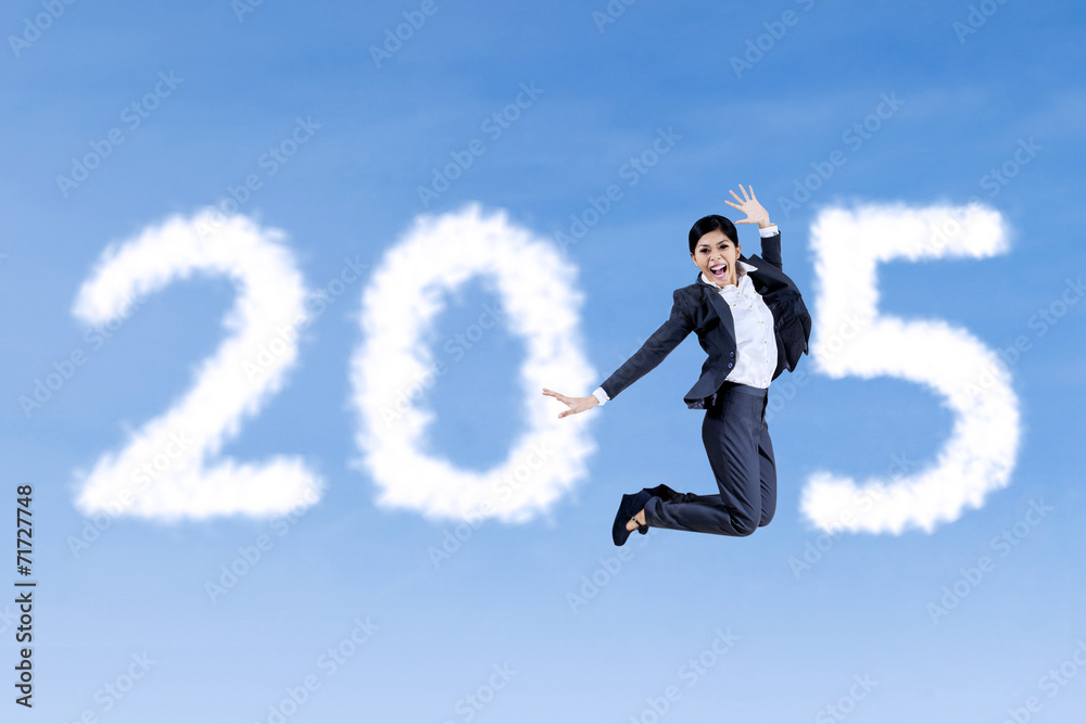 Person in business suit jumping on the sky Person in business suit jumping on the sky
