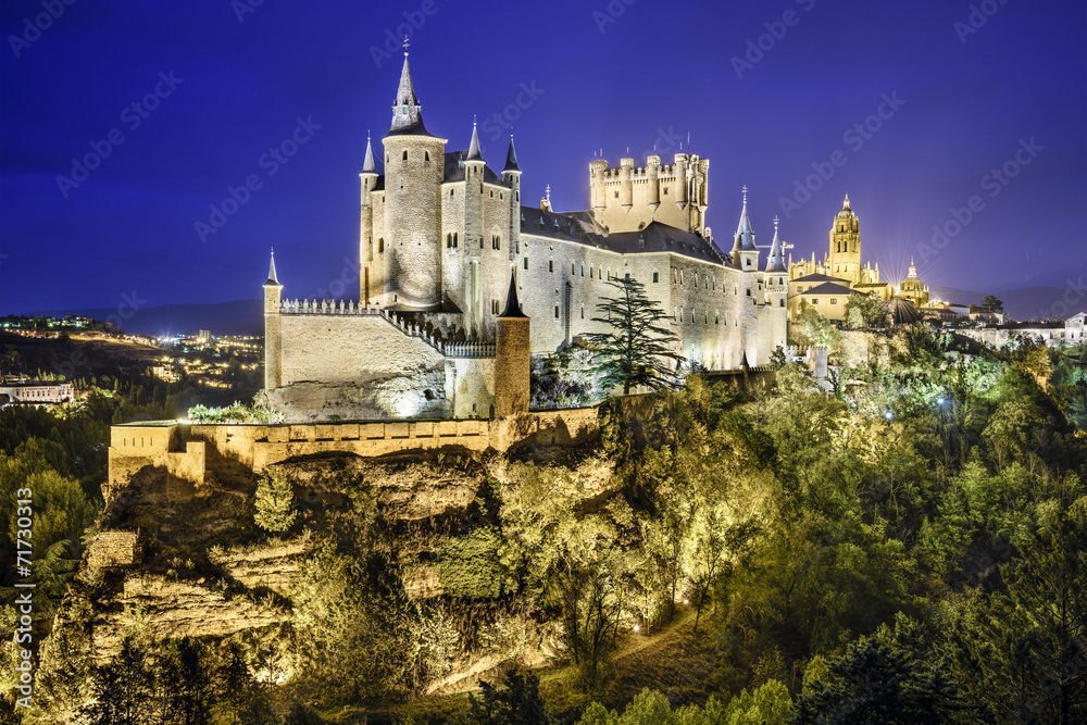 Segovia, Spain Alcazar at Night - obrazy, fototapety, plakaty 