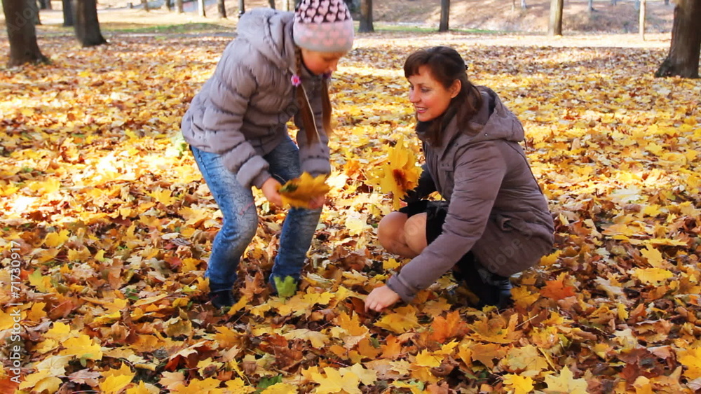 woman with teen daughter collect yellow leaves in autumn park woman with teen daughter collect yellow leaves in autumn park