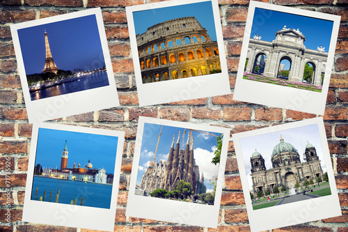 Europe landmarks polaroid photos on brick background photo