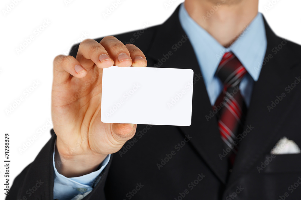 Man's hand showing business card Man's hand showing business card