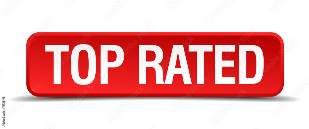 Top rated red 3d square button isolated on white Top rated red 3d square button isolated on white