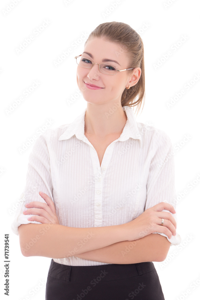 young business woman in glasses isolated on white young business woman in glasses isolated on white