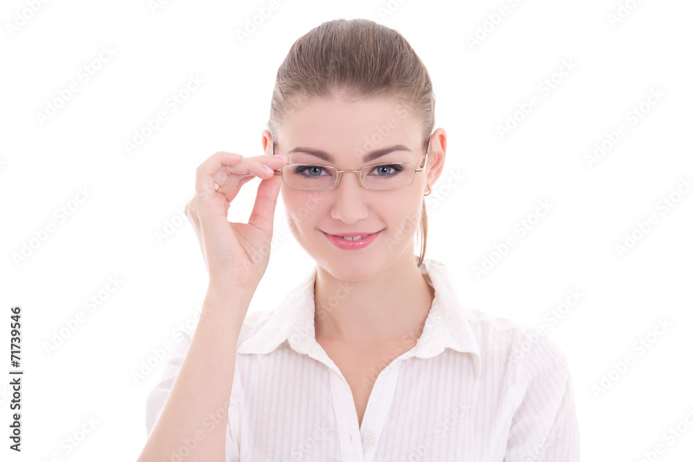 portrait of young beautiful business woman in glasses isolated o portrait of young beautiful business woman in glasses isolated o