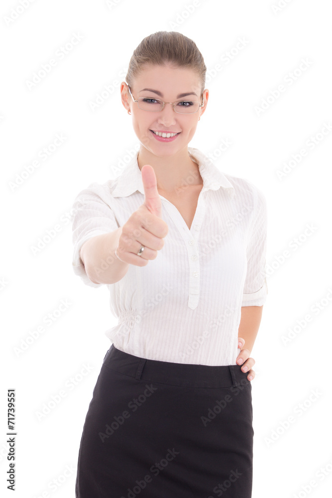 young business woman in glasses thumbs up isolated on white young business woman in glasses thumbs up isolated on white