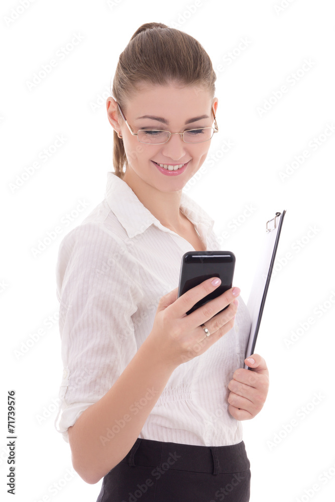 young beautiful business woman typing sms isolated on white young beautiful business woman typing sms isolated on white