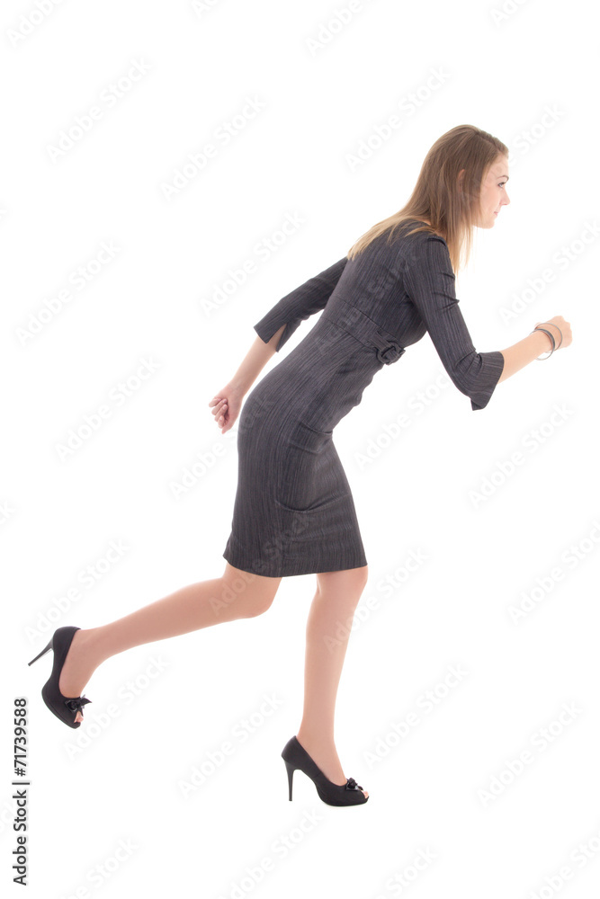 business concept - woman in dress running isolated on white