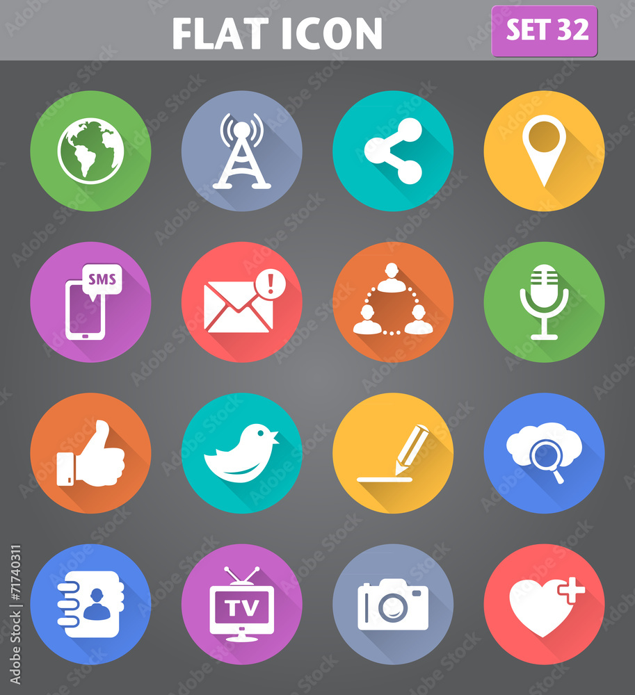 Social Network and Internet Icons set in flat style with long sh Social Network and Internet Icons set in flat style with long sh