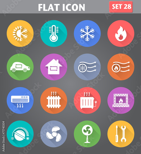 Heating and Cooling Icons set in flat style with long shadows.