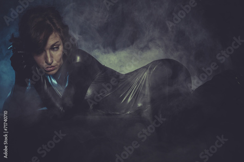 internet, sexy woman dressed in black latex, future concept and