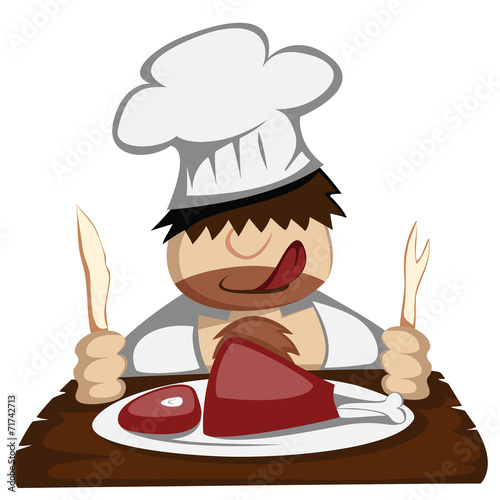 Hungry prehistoric paleo chef slices a huge bone-in meat.