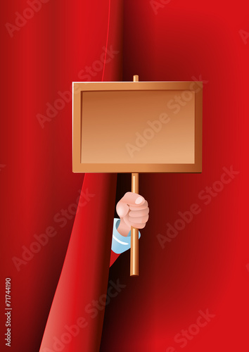 Weihnachtsmann Hand hält Schild hinter Vorhang