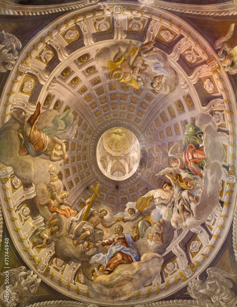 Trnava -  baroque fresco in cupola with Coronation of Mary