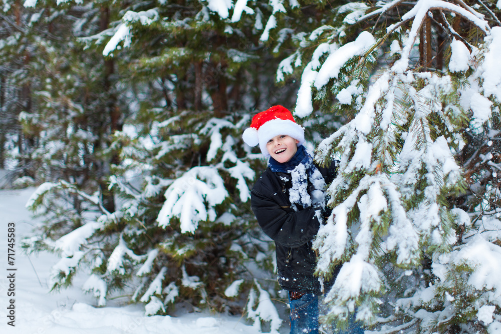 Happy boy in a cap of Santa Claus in the winter forest.