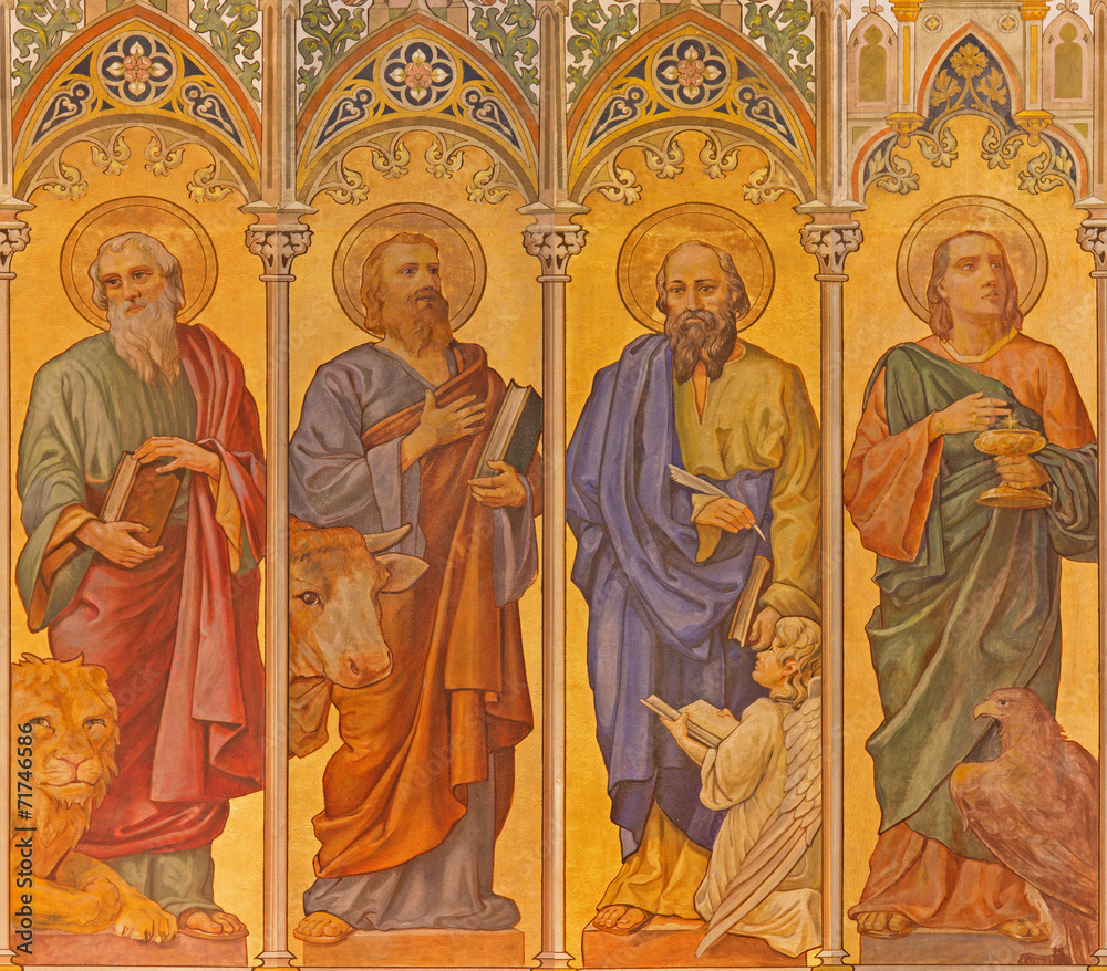 Trnava - The neo-gothic fresco of four  evangelists
