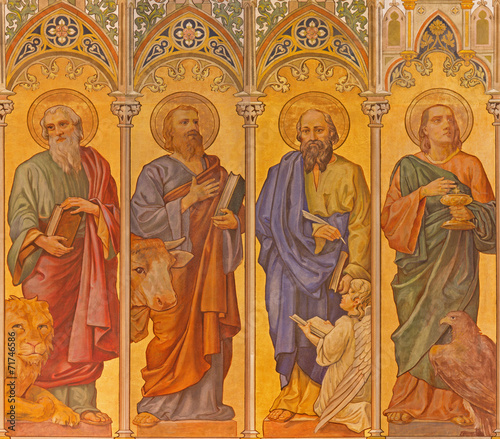 Trnava - The neo-gothic fresco of four evangelists