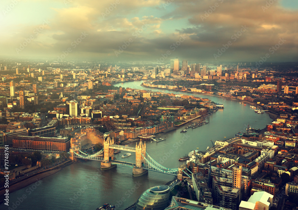 London aerial view with  Tower Bridge in sunset time - obrazy, fototapety, plakaty 