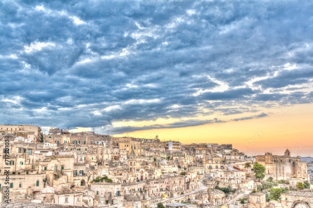 View of Matera, Italy, UNESCO at sunset
