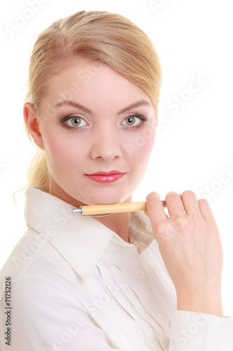 Portrait businesswoman with pen. 