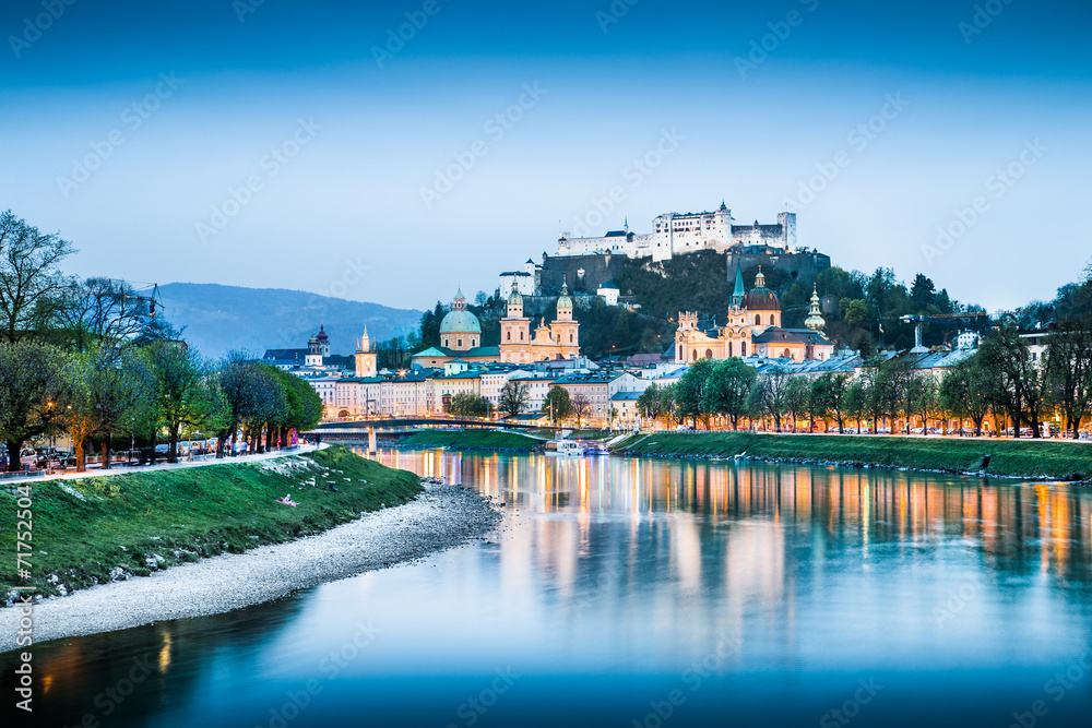 Salzburg cityscape with Salzach river at dusk, Austria